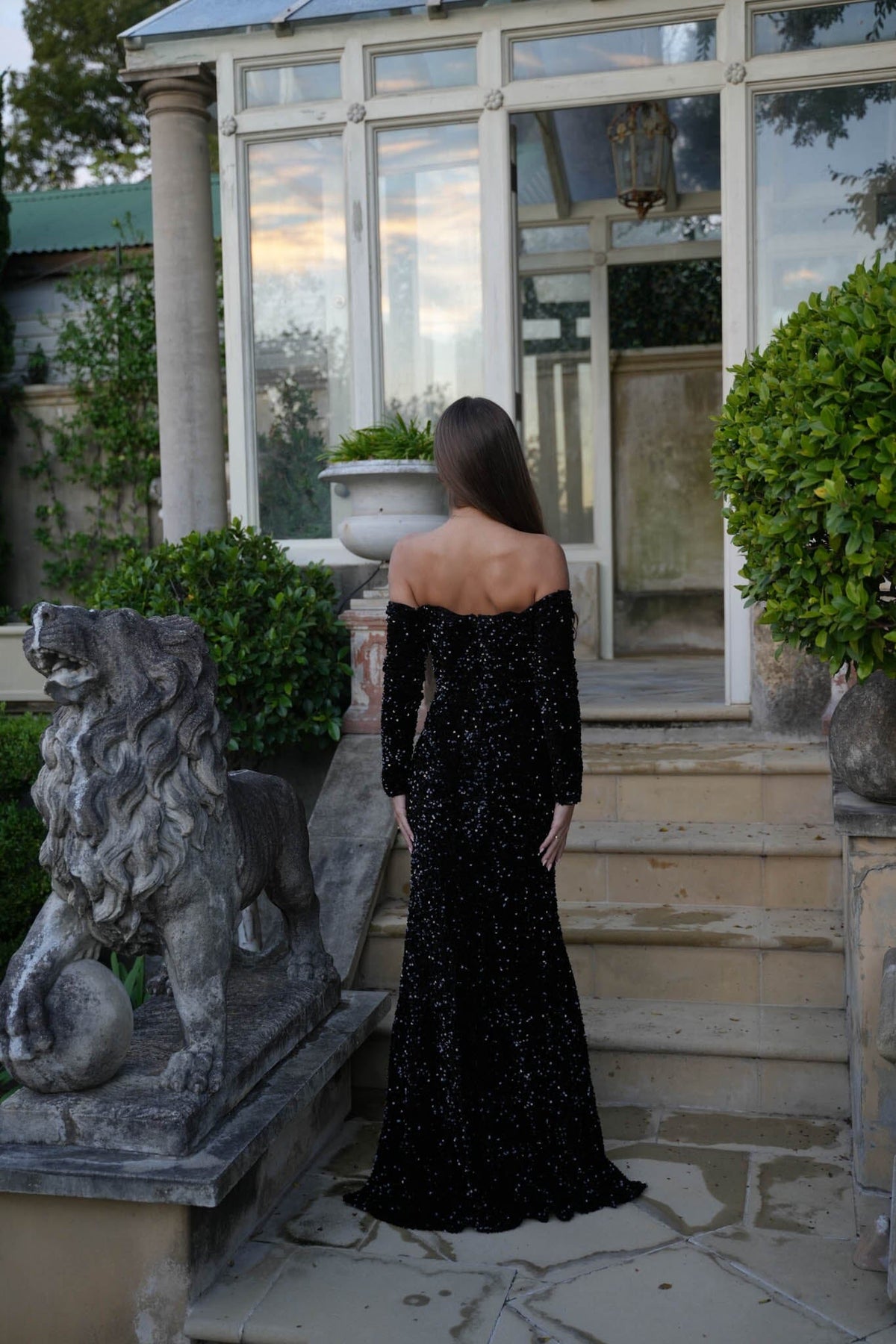 Amalia Off Shoulder Long Sleeve Velvet Sequin Gown in Black