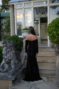 Amalia Off Shoulder Long Sleeve Velvet Sequin Gown in Black