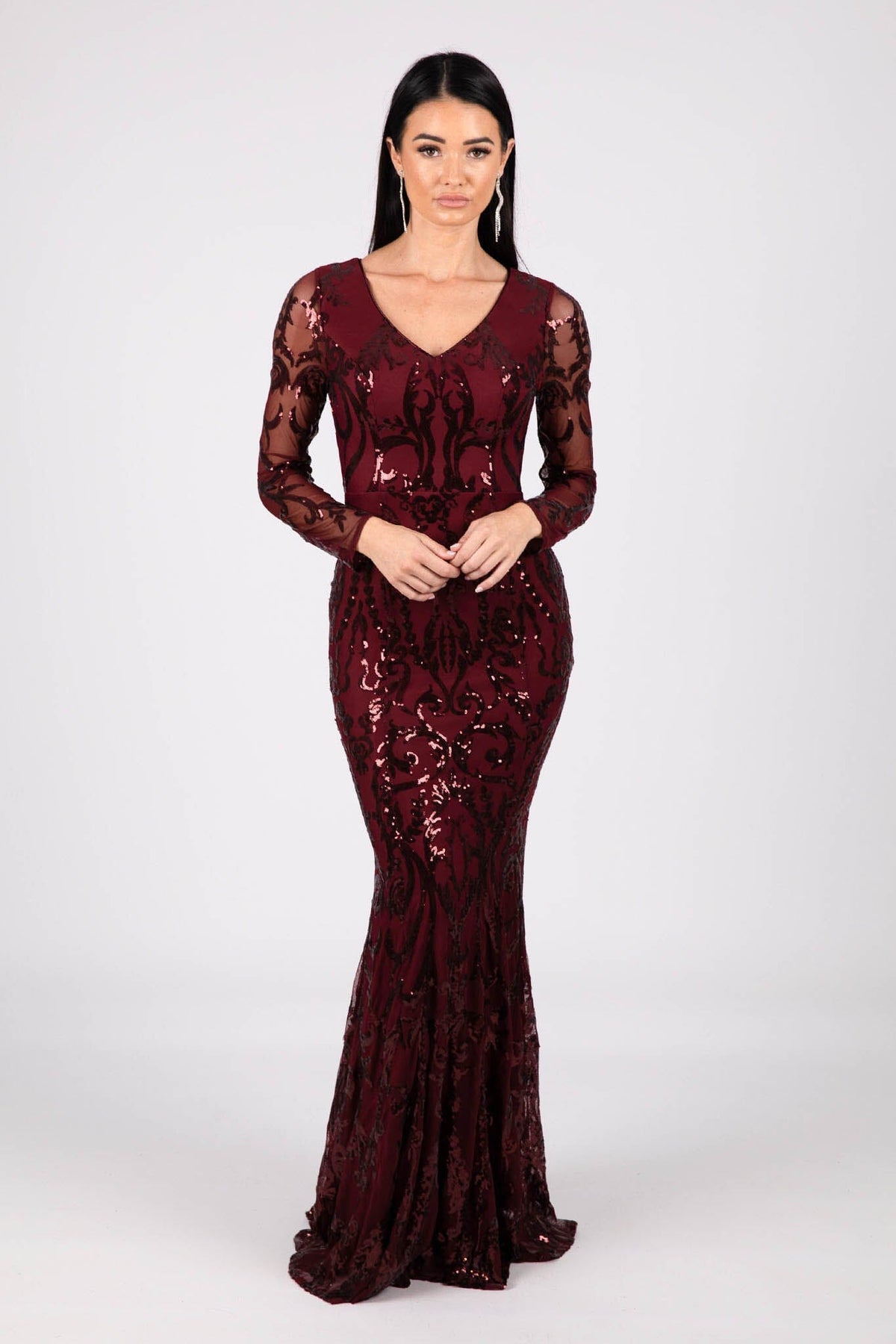 Deep Red Pattern Sequin Fitted Floor Length Gown with Long Sleeves and V Neckline