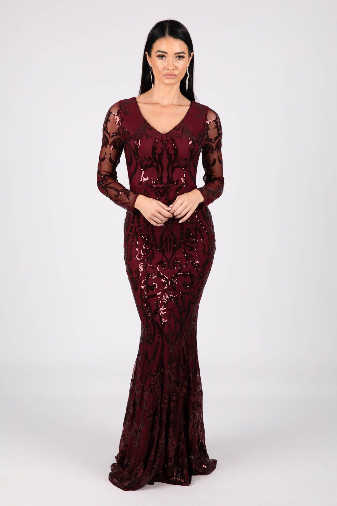Long Sleeve Formal Dresses Plus Size, Vneck, Fitted Gowns with Slit