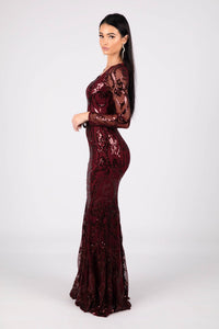 Side Image showing sheer sleeve of Deep Red Pattern Sequin Fitted Floor Length Gown with Long Sleeves and V Neckline