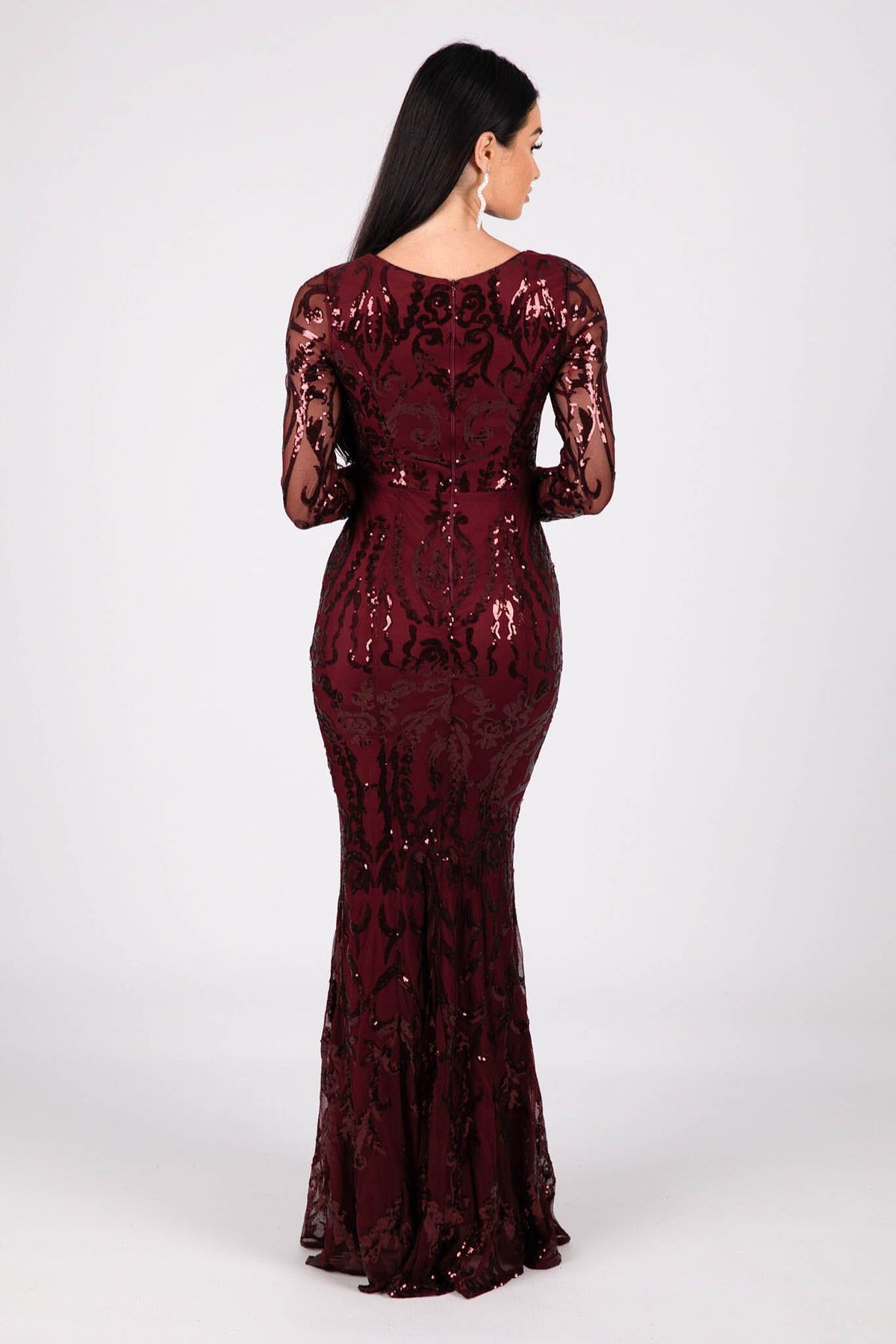 Amelia Long-Sleeve Pattern Sequin Gown