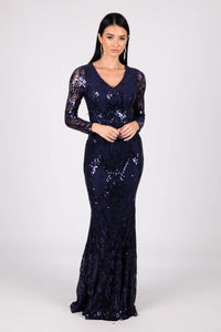 Navy Pattern Sequin Full Length Evening Gown with Sheer Long Sleeves and V Neckline
