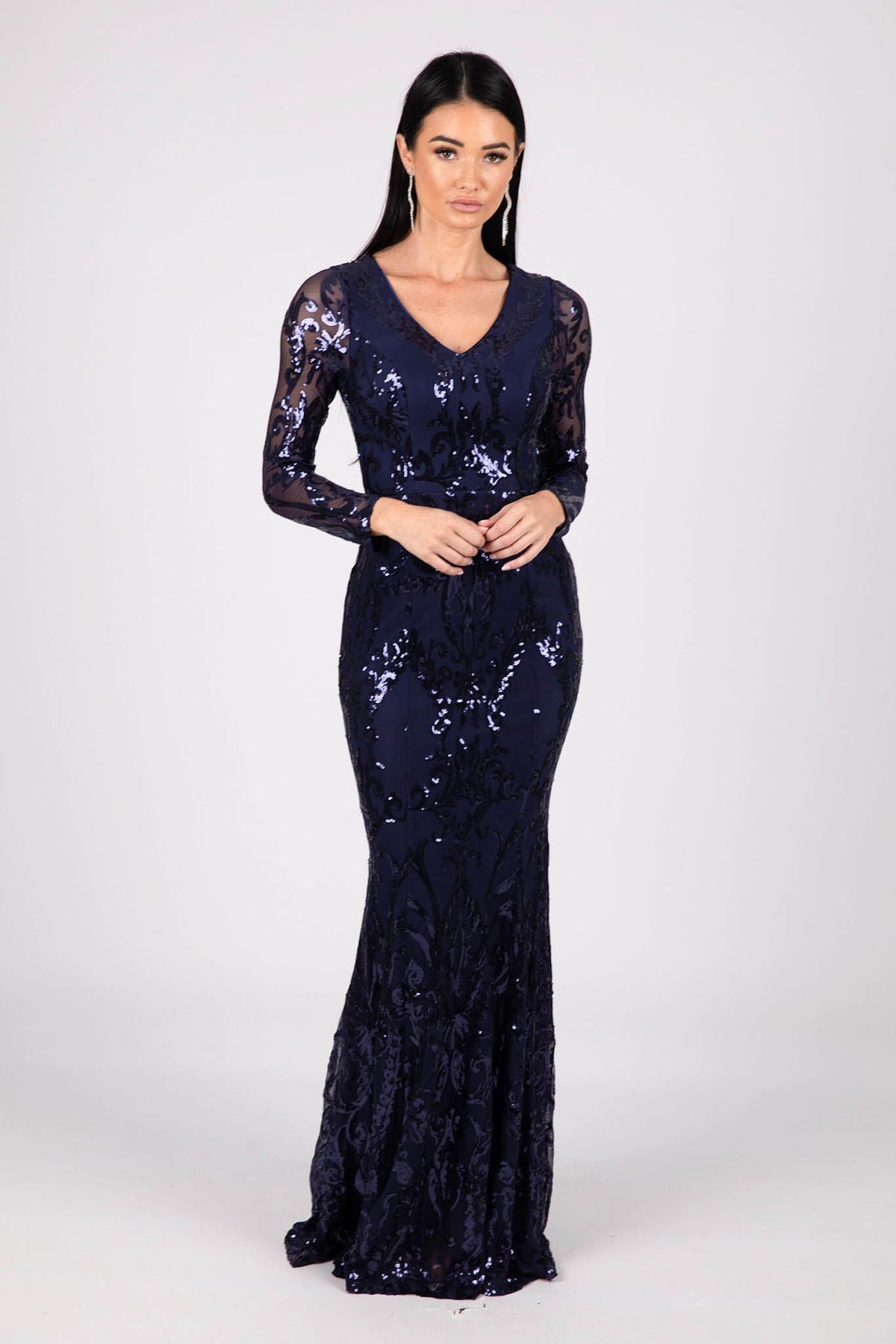 Amelia Long-Sleeve Pattern Sequin Gown - Navy – Noodz Boutique
