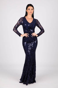 Deep Blue Pattern Sequin Fitted Evening Gown with Long Sleeves and V Neckline