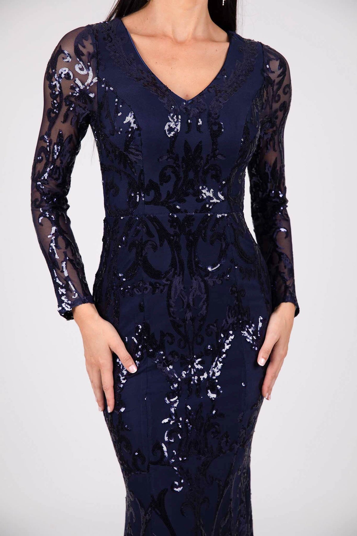 Close Up Fabric Image of Deep Blue Pattern Sequin Fitted Evening Gown with Long Sleeves and V Neckline