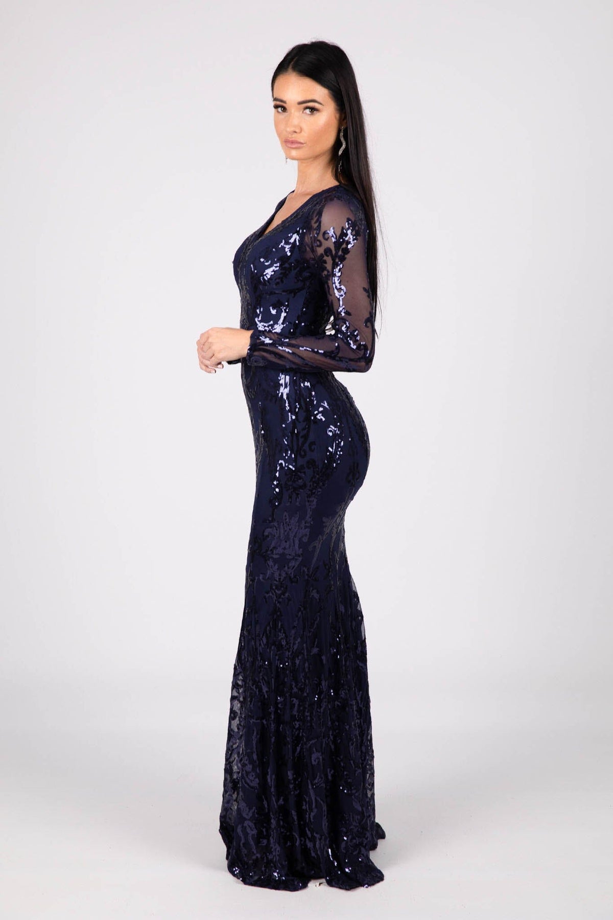 Side Image of Deep Blue Pattern Sequin Fitted Evening Gown with Long Sleeves and V Neckline