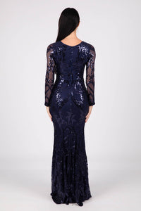 Closed Back Design of Deep Blue Pattern Sequin Fitted Evening Gown with Long Sleeves and V Neckline
