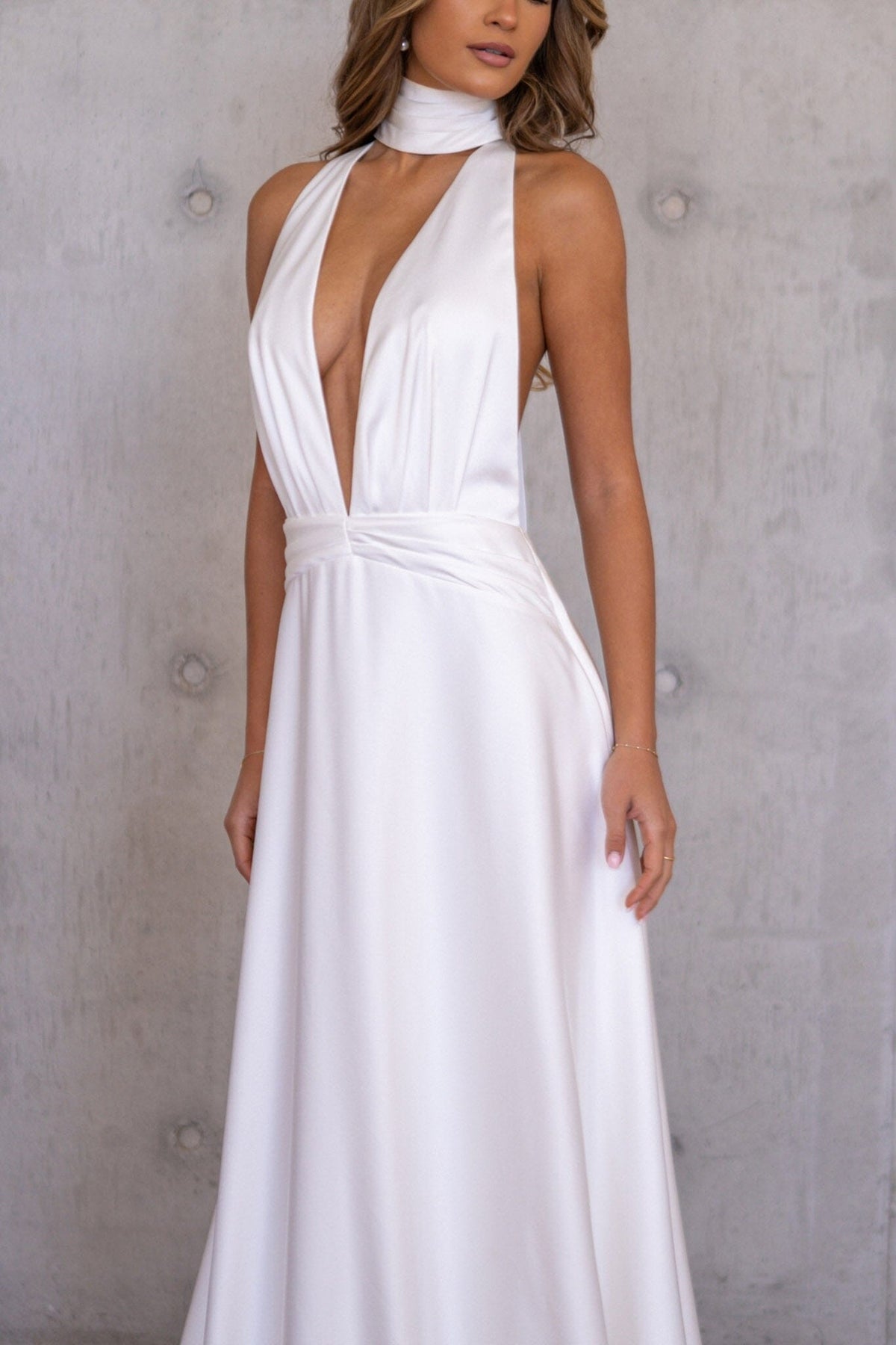 Ivory White Silky Satin Wedding Gown with Halter Plunging Neckline, Backless and Detachable Floor Sweeping Scarf Detail