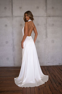 Backless Design of Ivory White Silky Satin Wedding Gown with Halter Plunging Neckline and Floor Sweeping Scarf Removed