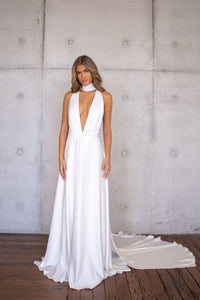 Ivory White Silky Satin Wedding Gown with Halter Plunging Neckline and Detachable Floor Sweeping Scarf