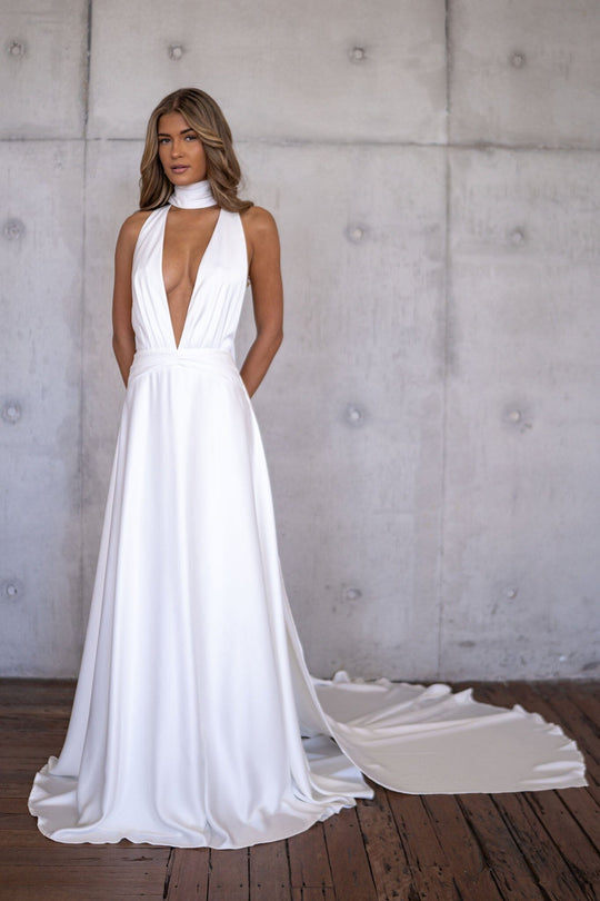 ANGELINA Backless Satin Gown with Detachable Scarf - Ivory