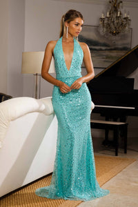 Turquoise Green Embellished Beaded Sequin Evening Gown with Plunging V Halter Neck and Form-Fitting Column Silhouette