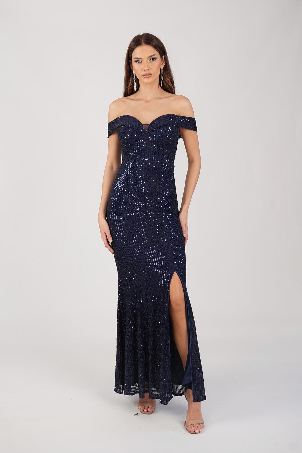 Deep Navy Blue Fitted Sequin Maxi Dress with Off The Shoulder Sweetheart Neckline and Side Slit
