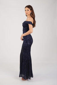 Side Image of Deep Navy Blue Fitted Sequin Maxi Dress with Off The Shoulder Sweetheart Neckline and Side Slit