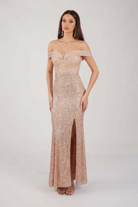 Astrid Off Shoulder Sequin Maxi Dress - Rose Gold
