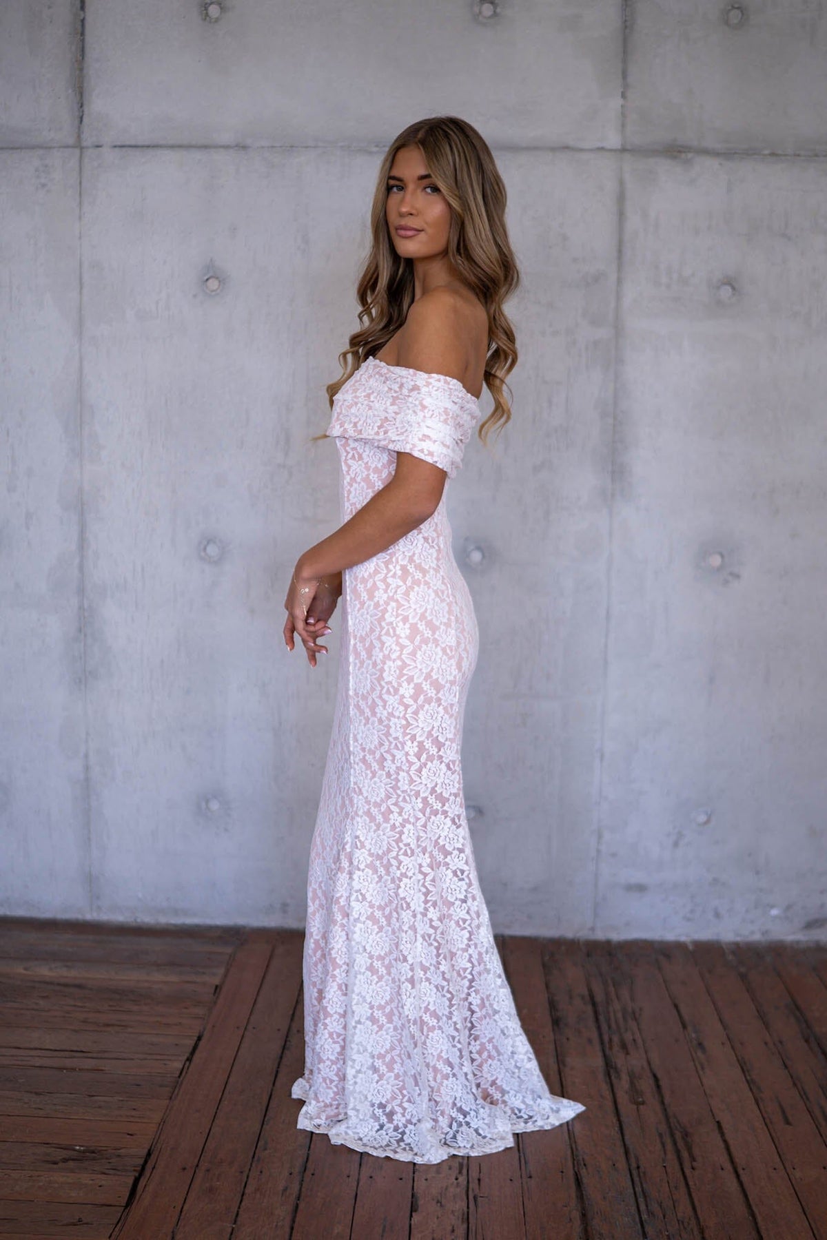 Aurora Off The Shoulder Lace Maxi Dress - White/Nude Noodz Boutique Aurora Off The Shoulder Lace Maxi Dress - White/Nude Noodz Boutique