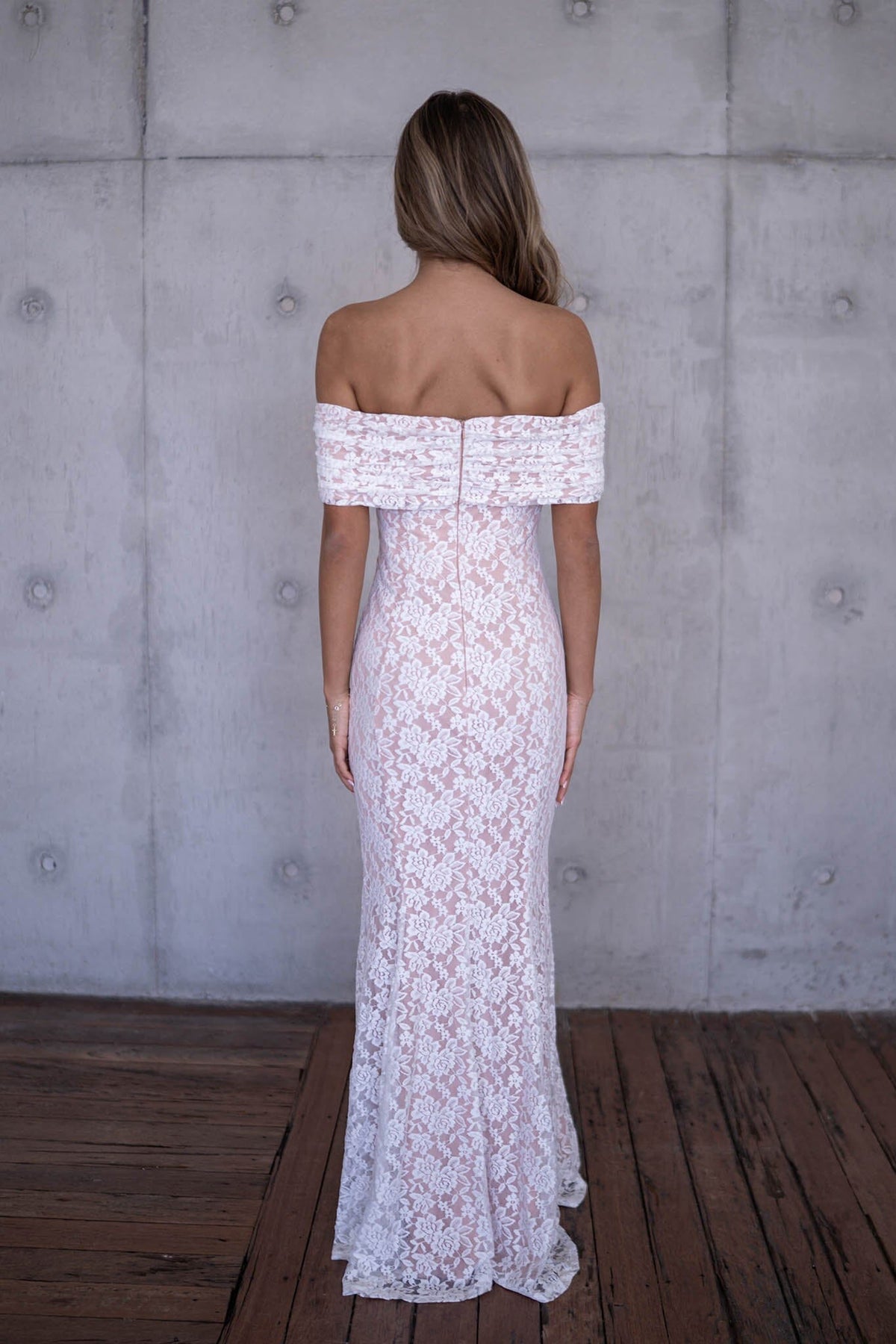 Aurora Off The Shoulder Lace Maxi Dress - White/Nude