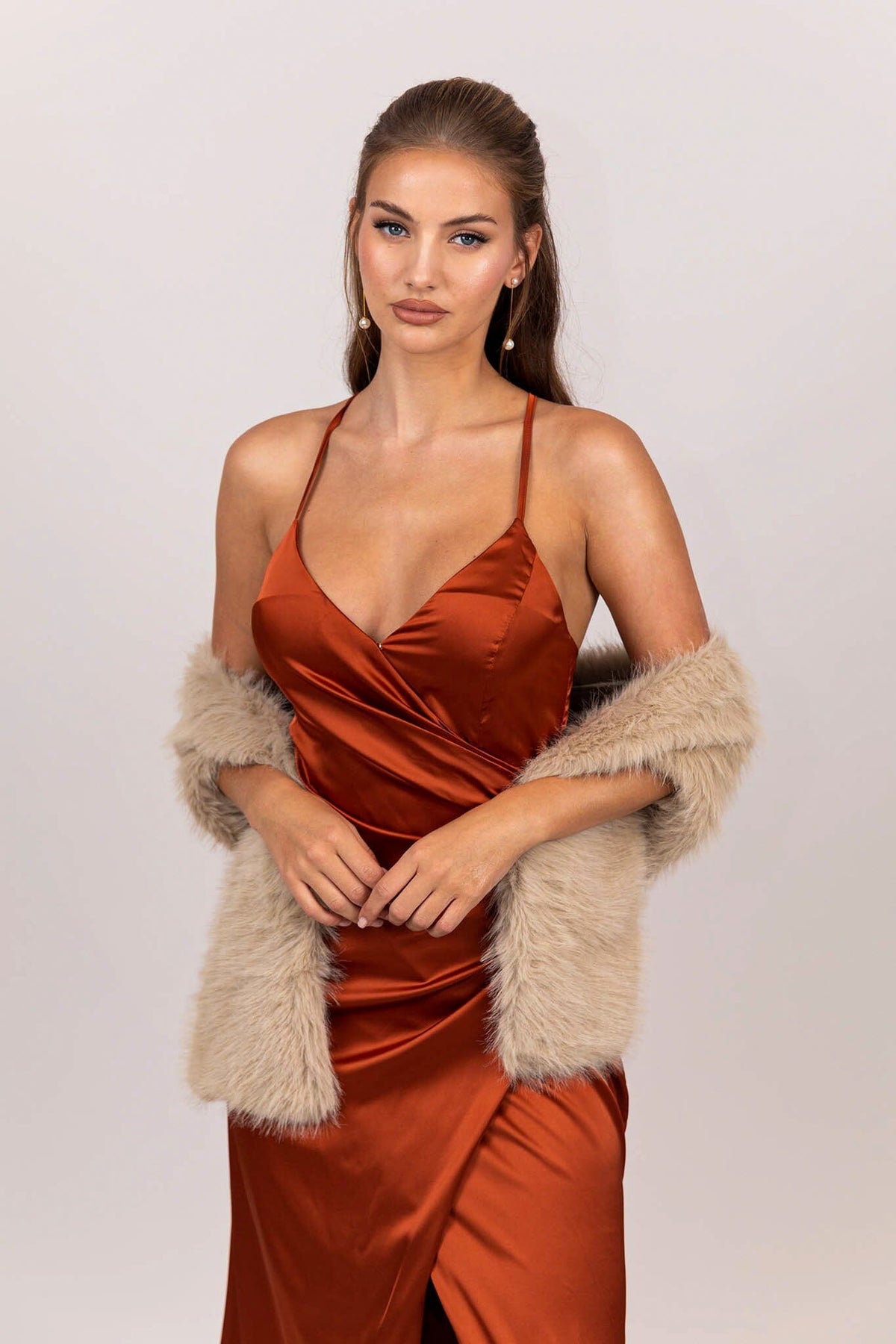 burnt orange dress nz Burnt Orange Chiffon Ruffle Cross Straps V-Neck Wrap Bridesmaid Dress NZ Bridal