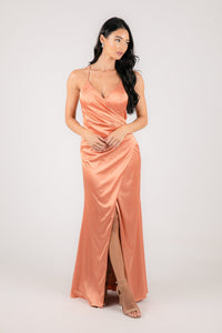 Peach Coloured Bridesmaid Satin Maxi Dress with V Neckline and Front Split