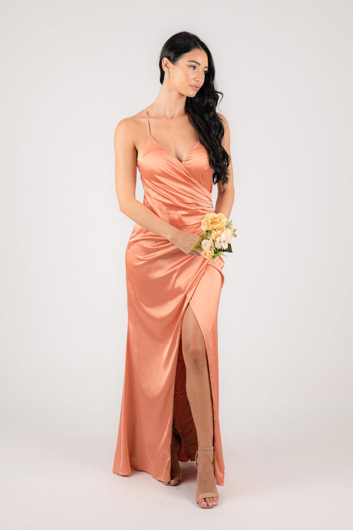 Peach Orange Coloured Bridesmaid Satin Maxi Dress with V Neckline and Front Split