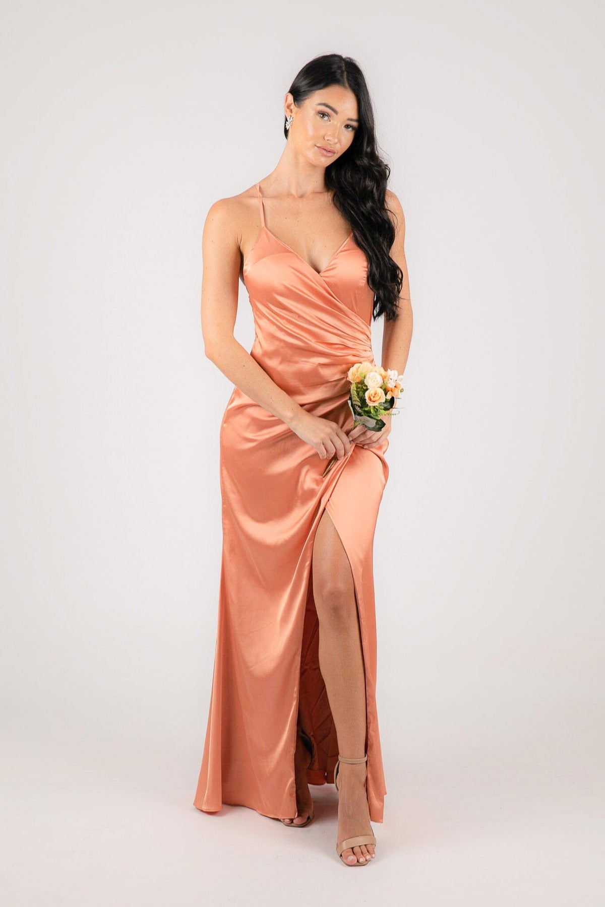 Bridesmaid Satin Maxi Dress with V Neckline and Front Split in Peach Colour
