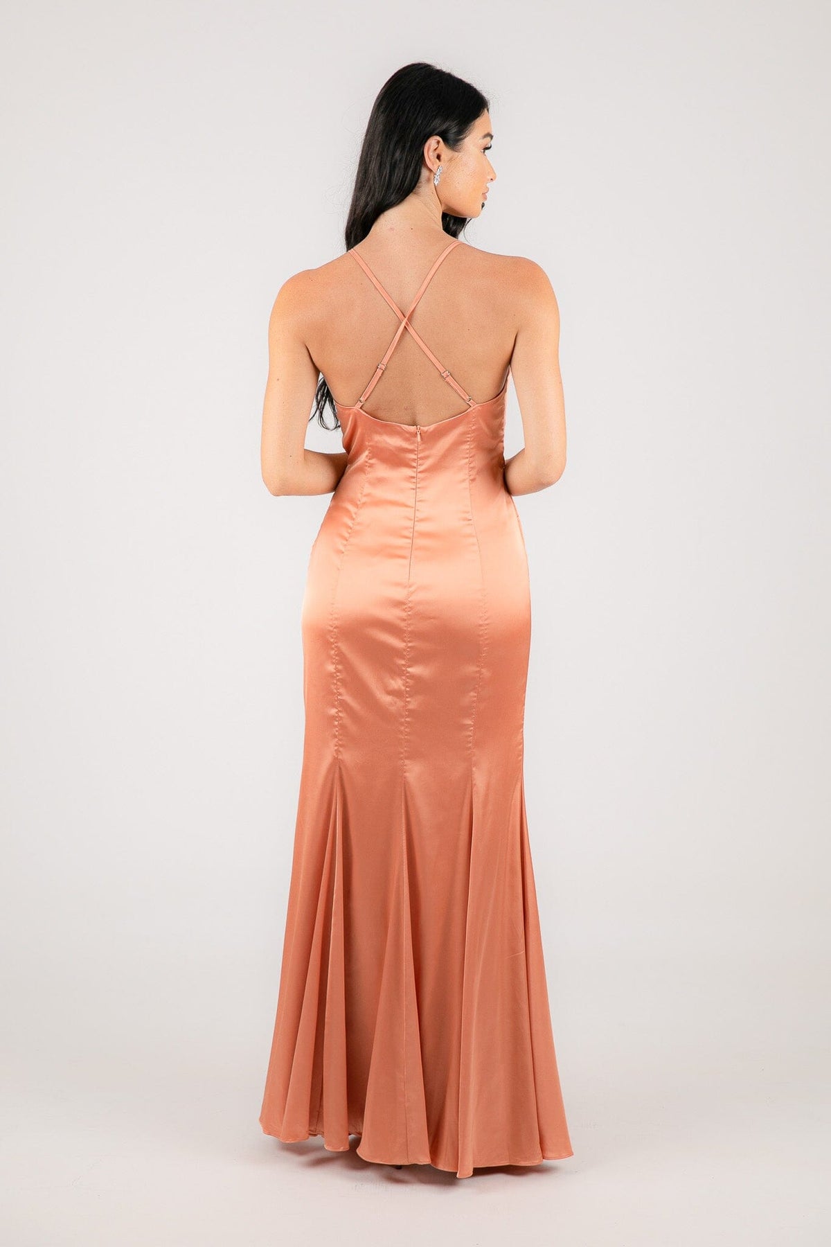 Open Crisscross Back Straps of Peach Orange Coloured Bridesmaid Satin Maxi Dress with V Neckline and Front Split