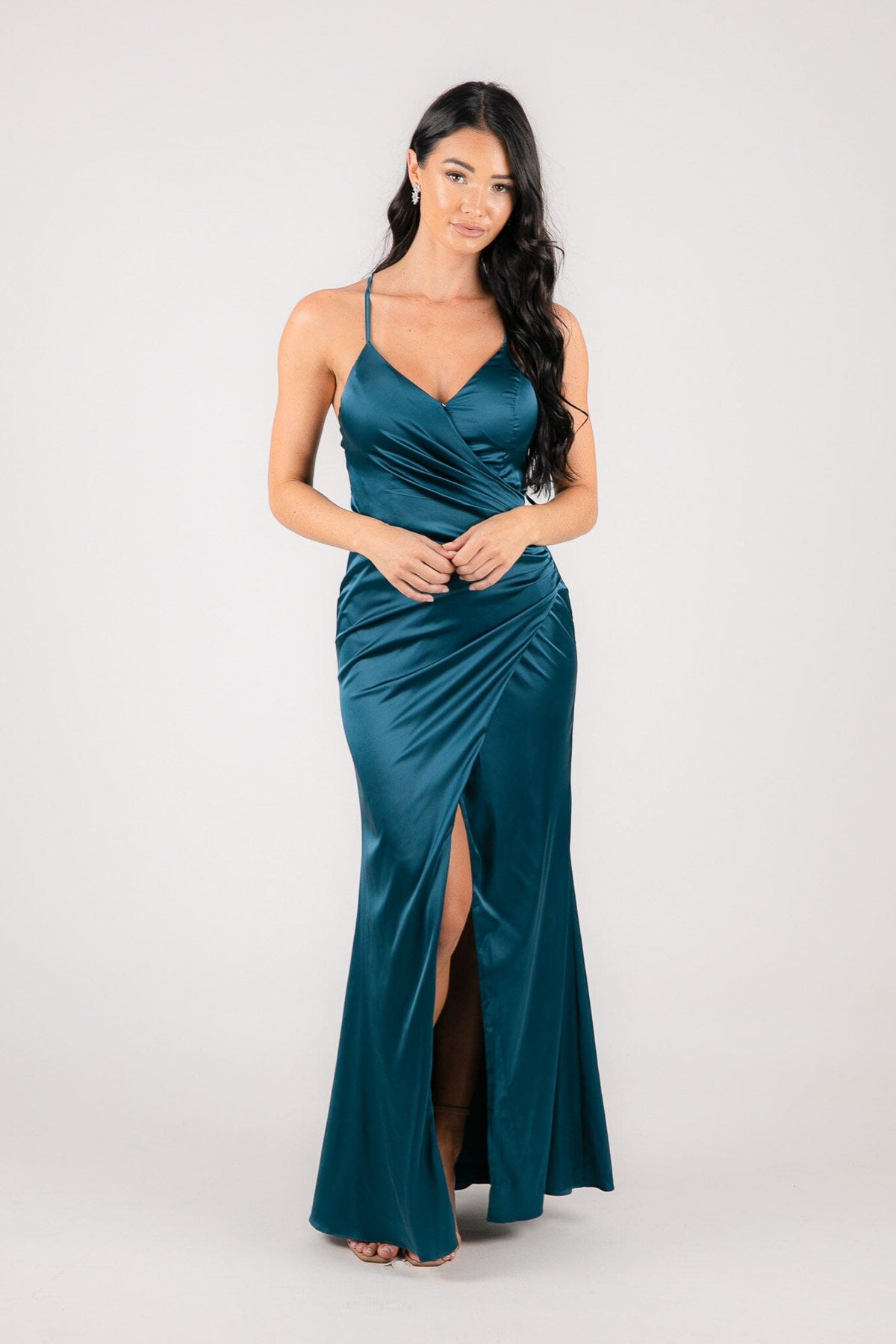 Satin Maxi Dress with V Neckline and Front Split in Teal Green