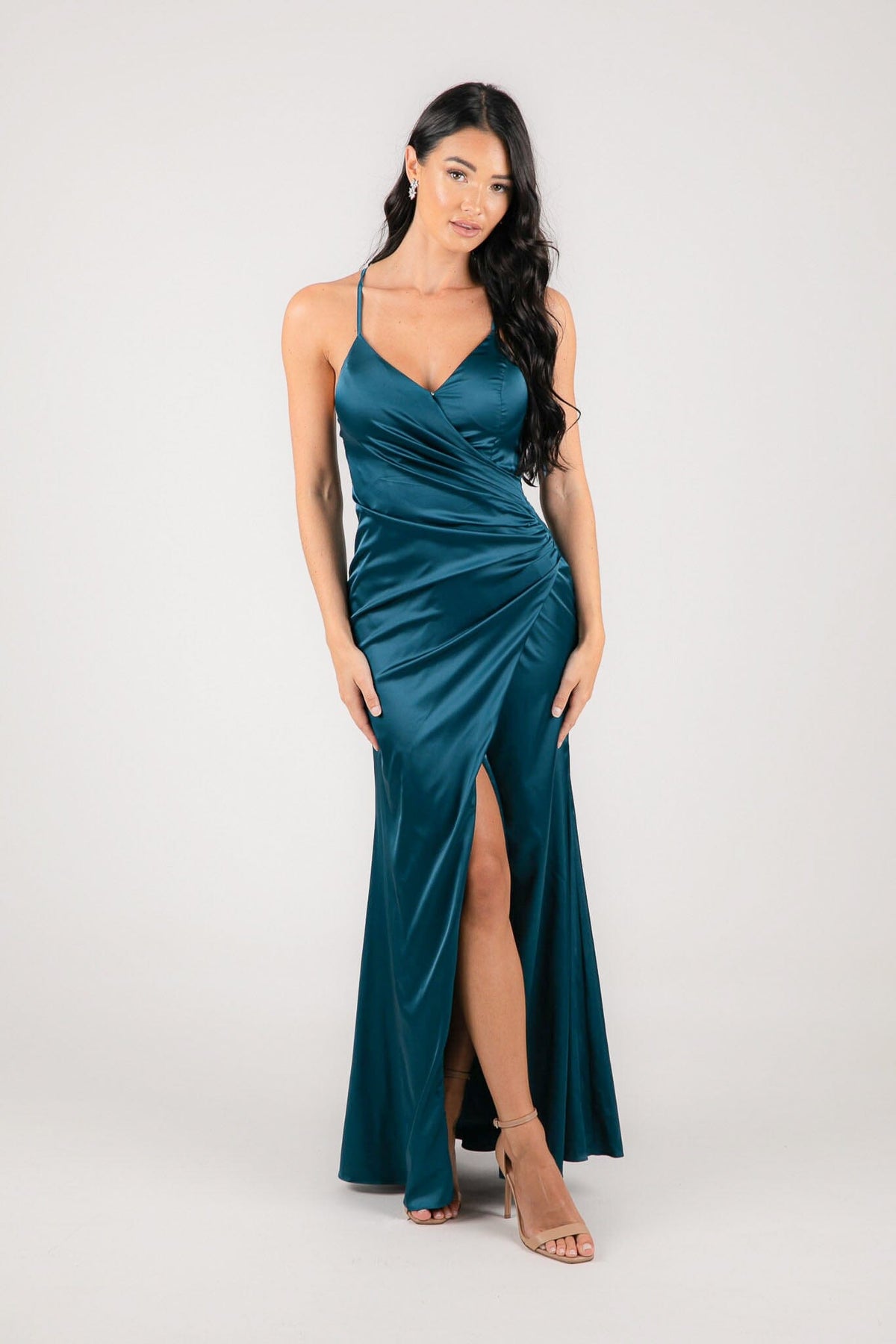 Satin Maxi Dress with V Neckline, Gathered Waist Detail and Front Split in Teal Green