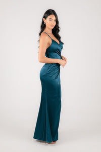 Side Image of Satin Maxi Dress with V Neckline and Front Split in Teal Green