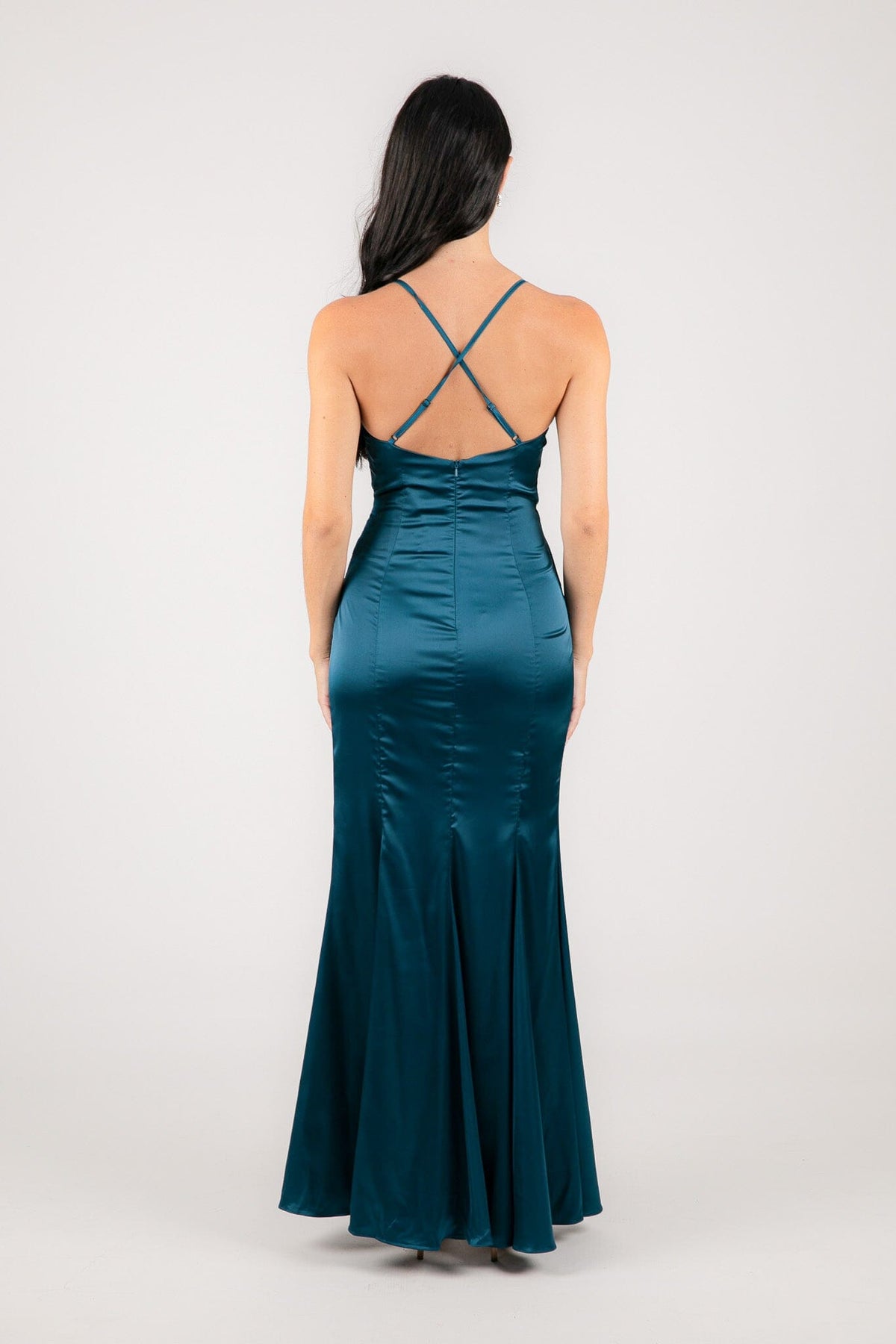 Adjustable Crisscross Straps on Open Back of Satin Maxi Dress with V Neckline and Front Split in Teal Green