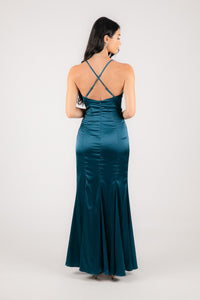 Crisscross Strappy Open Back of Satin Maxi Dress with V Neckline and Front Split in Teal Green