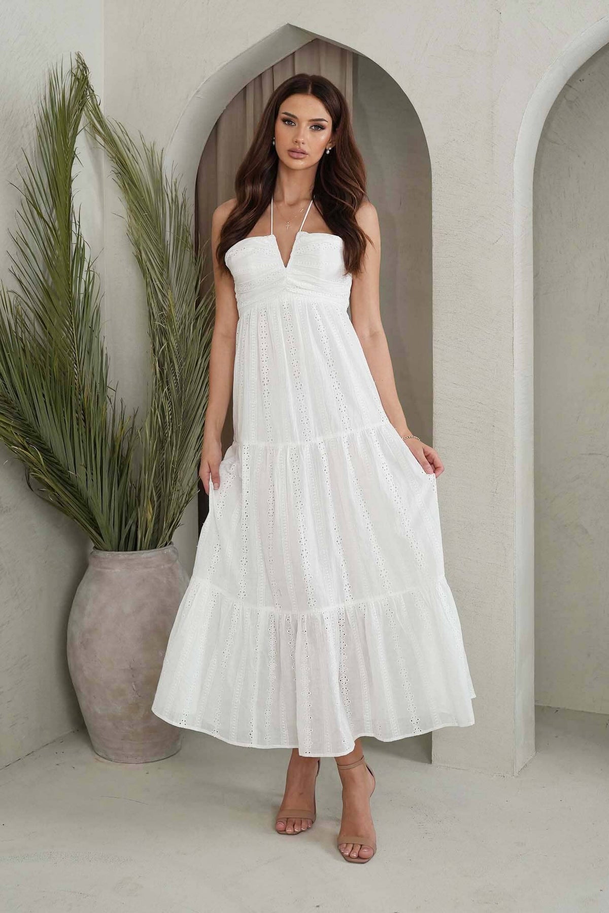 White Summer Maxi Cotton Dress with V Neck Cutout Detail, Halter Neck Strings and Flowy Tiered Maxi Skirt