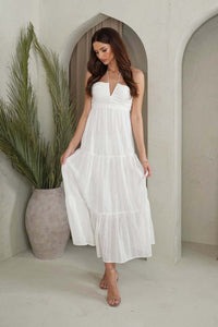 White Summer Maxi Cotton Dress with V Neck Cutout Detail, Halter Neck Strings and Flowy Tiered Maxi Skirt