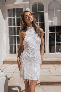 White pearl and sequin embellished fringe mini dress with high halter neckline