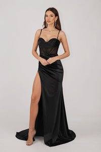 Black Stretch Satin Corset Formal Gown with Sheer Bodice, Cowl and Beading Detail at Neckline and High Slit