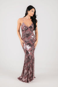 V Neckline and Thin Spaghetti Straps of Dusty Rose Floral Sequin Embellished Fitted Evening Formal Gown