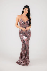 Dusty Rose Floral Sequin Embellished Fitted Evening Formal Gown