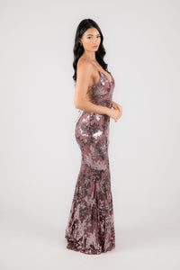 Side Image of Form Fitting Dusty Rose Floral Sequin Embellished Evening Formal Gown