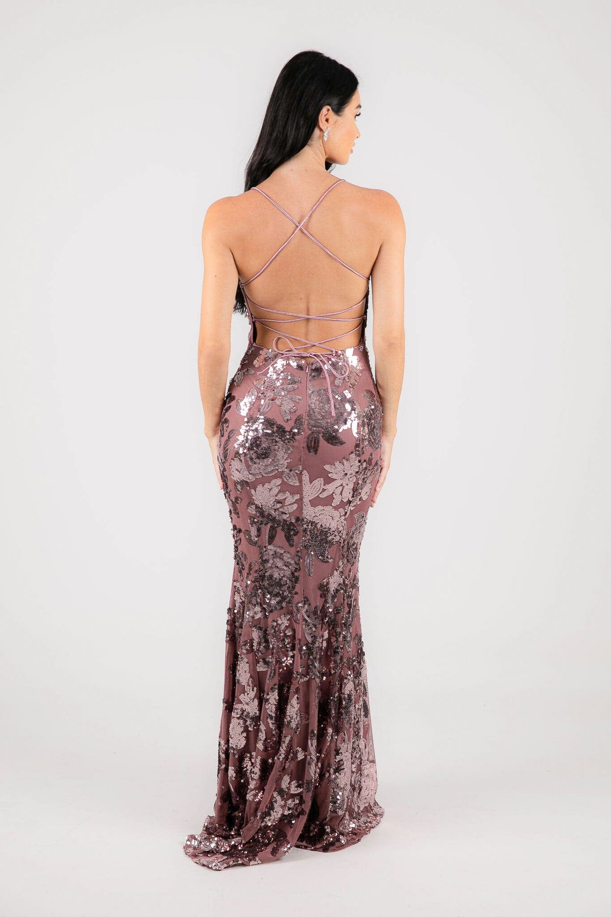 Lace Up Open Back of Dusty Rose Floral Sequin Embellished Fitted Evening Formal Gown