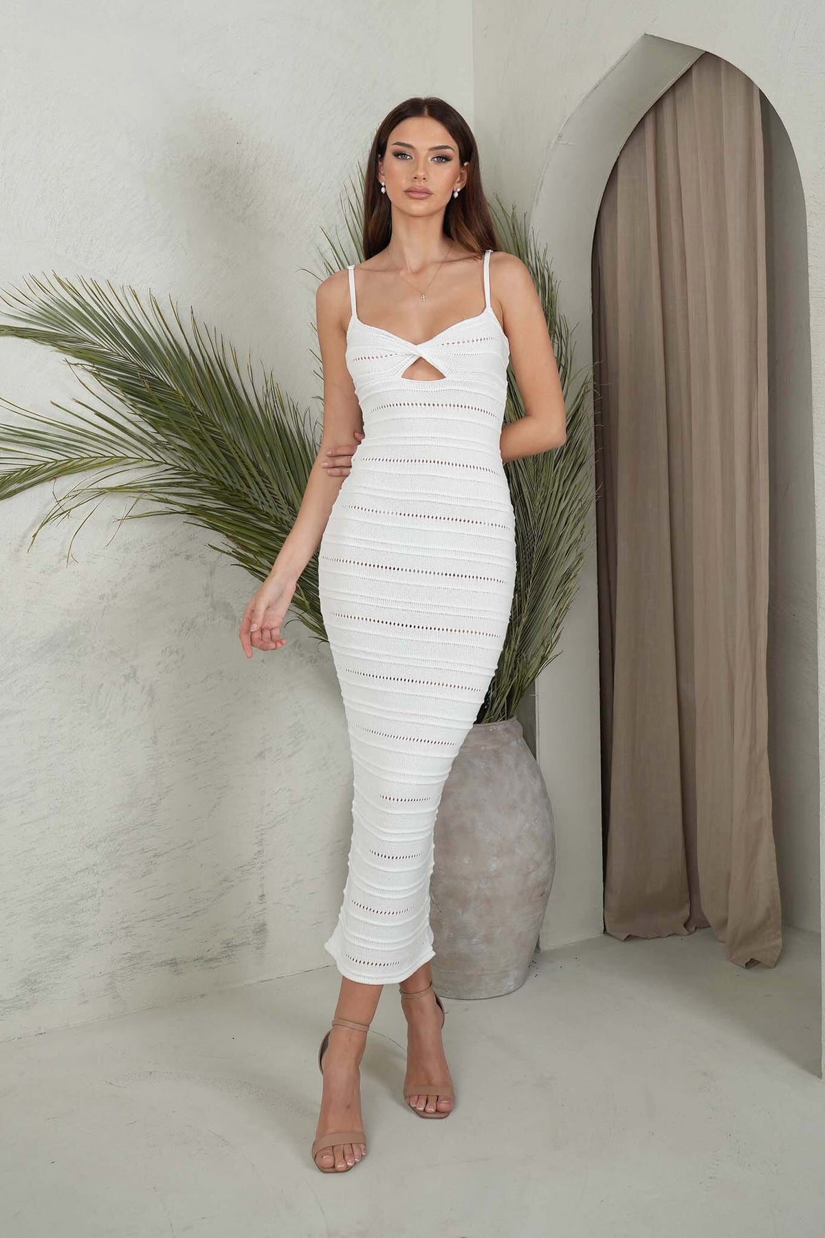 White Summer Sleeveless Crochet Knit Midi Dress with Twisted Bust Detail and Thin Shoulder Straps