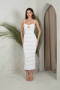 White Summer Sleeveless Crochet Knit Midi Dress with Twisted Bust Detail and Thin Shoulder Straps