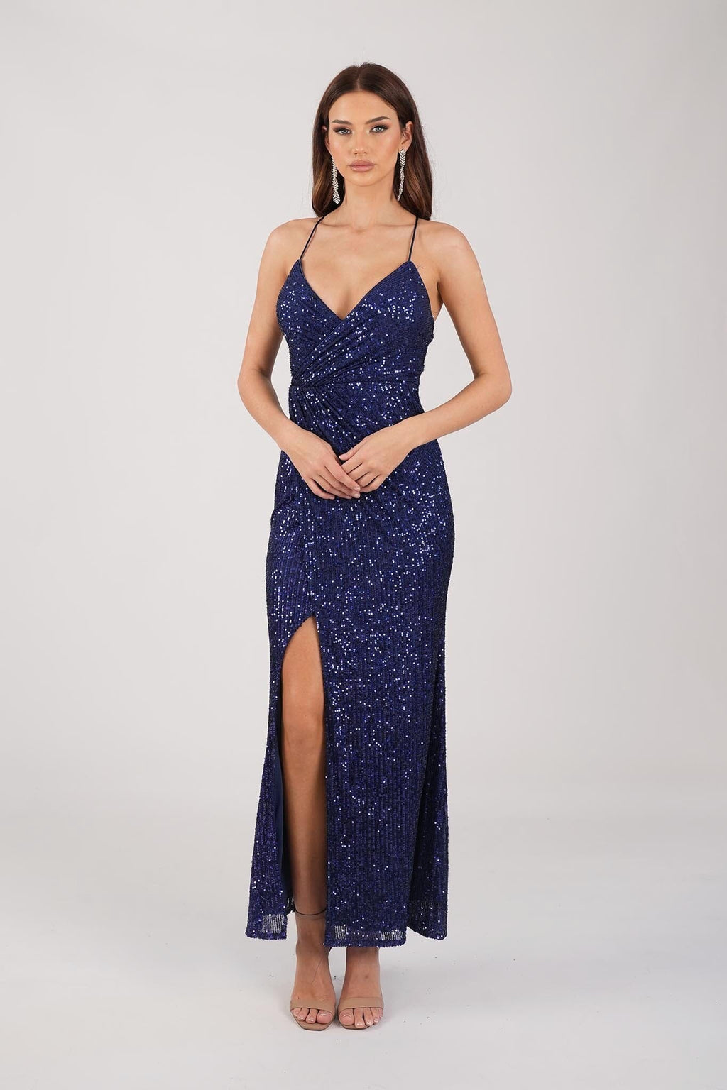 Deep Blue Fitted Sequin Maxi Dress with V Neckline, Thin Shoulder Straps and Side Slit 