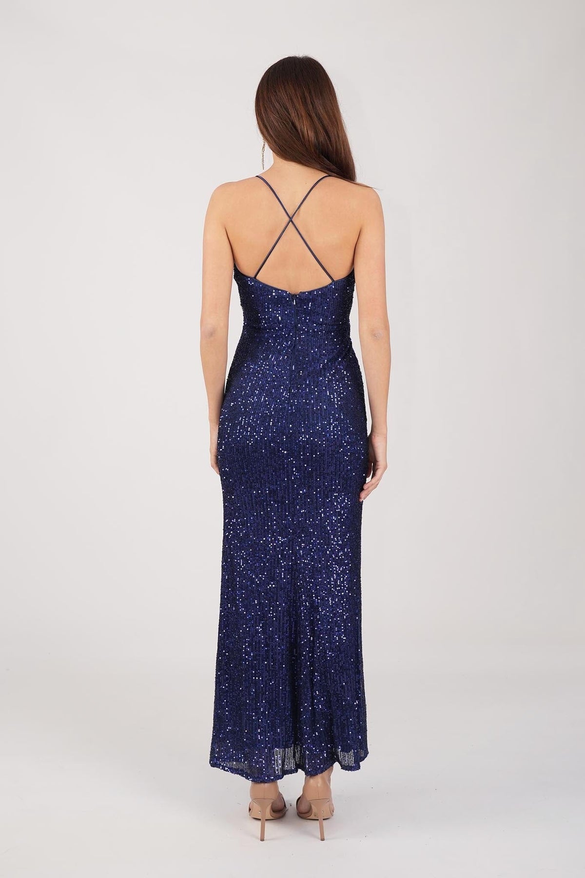 Crisscross Straps on Open Back of Deep Blue Fitted Sequin Maxi Dress with V Neckline and Side Slit 