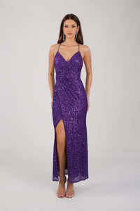 Purple Fitted Sequin Maxi Dress with V Neckline, Thin Shoulder Straps and Side Slit 