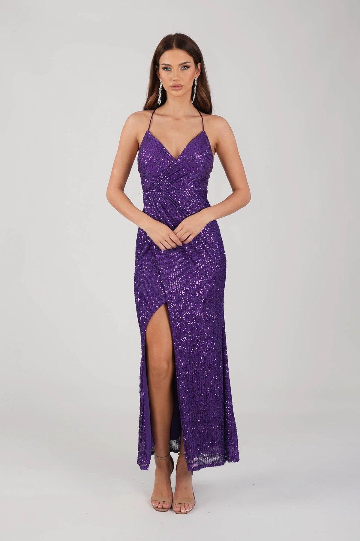 Purple Fitted Sequin Maxi Dress with V Neckline, Thin Shoulder Straps and Side Slit 
