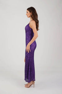 Side Image of Purple Fitted Sequin Maxi Dress with V Neckline, Thin Shoulder Straps and Side Slit 