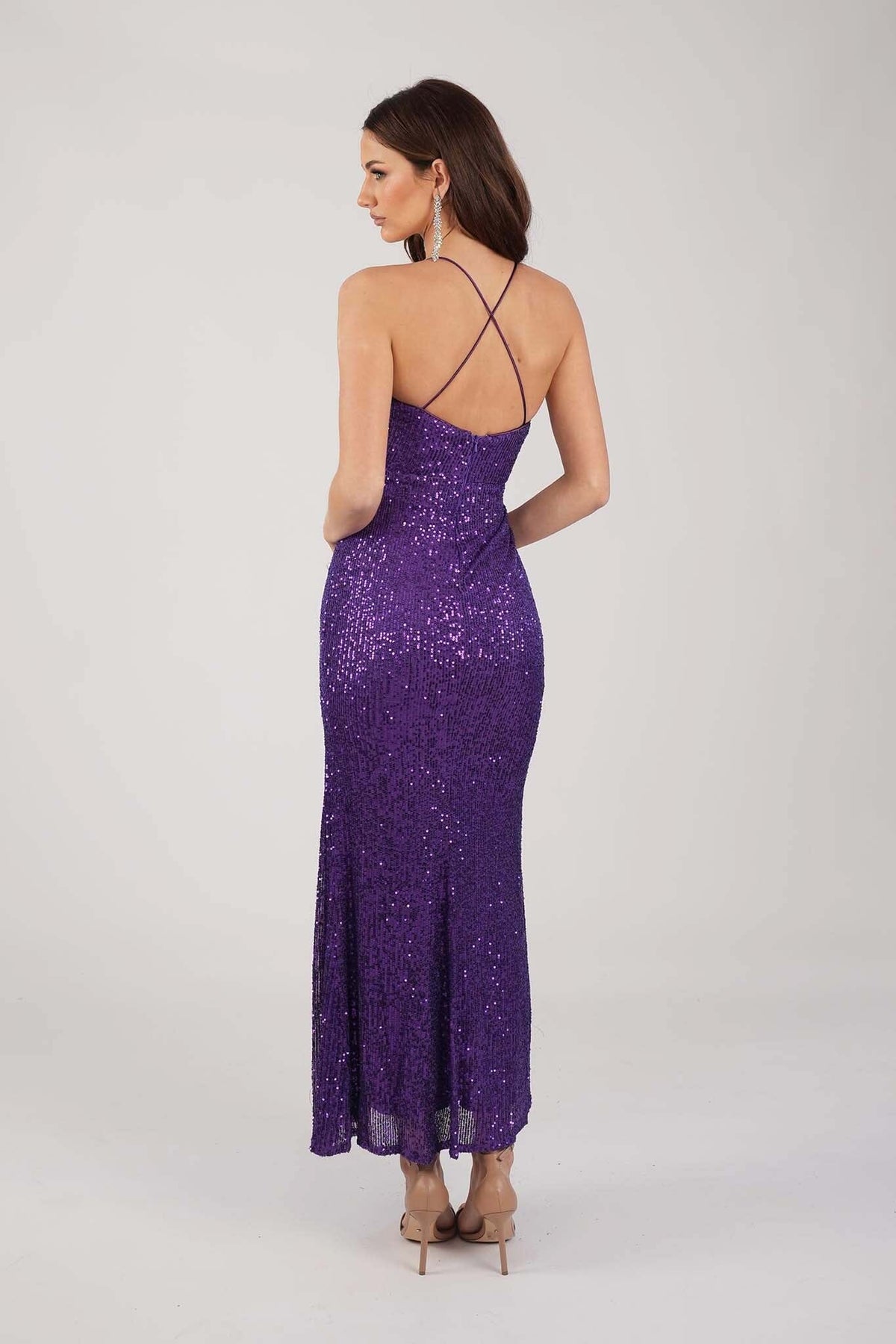 Crisscross Straps on Open Back Design of Purple Fitted Sequin Maxi Dress with V Neckline and Side Slit 