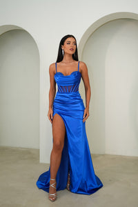 Full Length Image of Royal Blue Satin Corset Formal Gown with Sheer Bodice, Cowl and Beading Detail at Neckline and High Slit