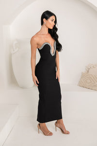 Side Image of Black Strapless Bandage Maxi Dress with Clear Stones Embellished around the strapless sweetheart neckline